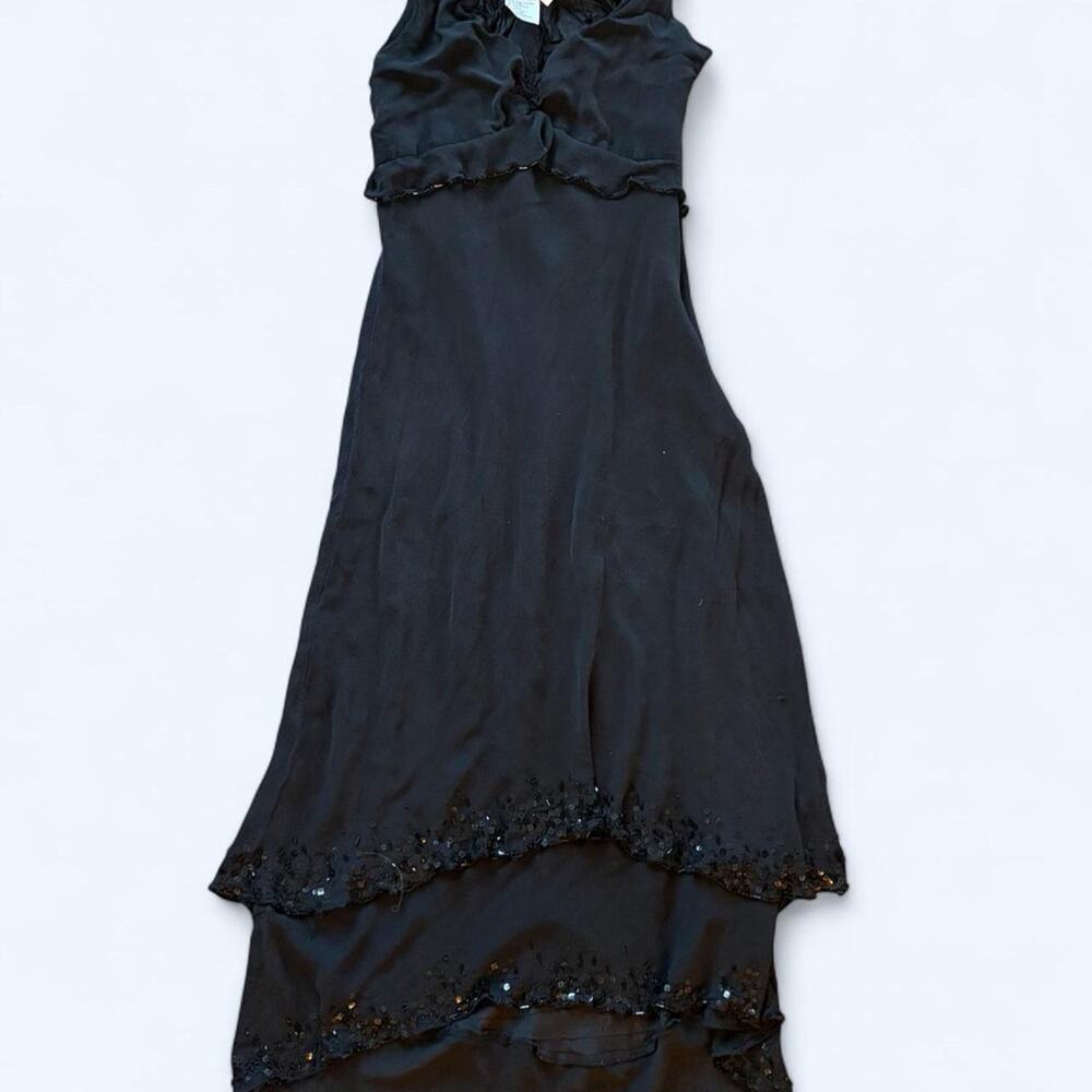 Vintage black midi dress with sequins and layered ruffles